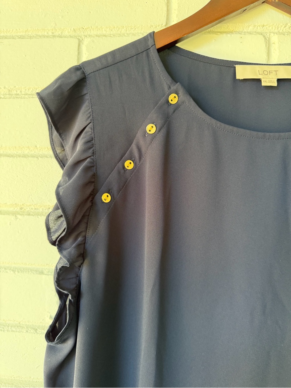 LOFT Navy Ruffle Sleeve Top with Gold Buttons - Picture 5 of 5